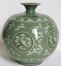 Vintage Korean Celadon Crane Vase  Green Porcelain Round Crackle Glazed Vase 6×4 picture