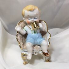 4.5” Vintage Toddler Boy In Chair Figurine, Glazed Porcelain, Gold Trim, Japan❤️ picture