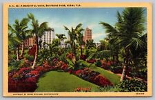 Florida Miami Vista Bayfront Park Tropical Palms Flowers Linen Vintage Postcard picture