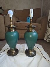 PAIR Vintage Brass Lamps Mid Century GREEN H20 Inch Fully working order  picture