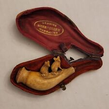 Antique Meerschaum Tobacco Smoking Pipe 2 Wolves In Fitted Case 2.5” Handcarved picture