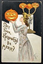 Postcard Vintage Halloween Woman Holding JOL Dress Bow picture
