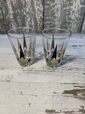 Mid-Century Atomic Barware Glass Set of (2) Black & Gold Arrows Rocks Jigger MCM picture