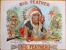 1900 'BIG FEATHER' Indian Chief Sample Cigar Box Label- Native American, Western picture
