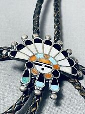 REMARKABLE VINTAGE ZUNI TURQUOISE CORAL STERLING SILVER SUNFACE BOLO TIE picture