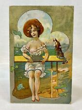 Risque Glamour Lithograph Postcard | Woman & Dog At Beach | Swimsuit Ocean view picture