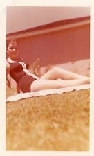American Woman 1950s Bullet Bra Swimsuit Backyard Sunbathing Vintage Photo Found picture