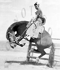 ANTIQUE REPRODUCTION 8X10 PHOTOGRAPH PRETTY RODEO COWGIRL ON BUCKING HORSE # 3 picture