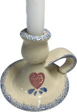 Vntg Pottery Spongeware Candlestick Holder Blue White Heart Finger Loop Country picture