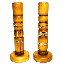WOODEN SCANDINAVIAN HOLDERS CANDLESTICKS Folk Turned Painted Old World Couple picture
