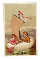 c1890 Victorian Stock Trade Card Children Floating on an Egg Shell Sail Boat picture