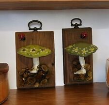 2 VTG MCM Mushroom Folk Art 3D Wall Hanging On Wood Avocado Green W/Lady Bug 4” picture