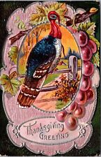 Thanksgiving Postcard Portrait of a Turkey Sitting on a Fence, Grape Vine picture