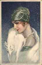 Beautiful Woman Art Deco Fox Fur Jewelery Snow c1920s MAUZAN Postcard picture