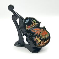 VTG Russian Lacquer Cello Violin Shaped Box Hinged Signed Stand Gold Fire Bird picture