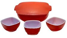 Vtg. Primary Red 1.5qt. Pyrex Hostess Covered Casserole 3-7oz. Square Bowls (M) picture