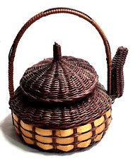 VTG 2-Tone Hand Woven Brown Basket w Teapot Shape & Lid Top Handle Decorative  picture