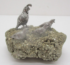 Vintage Pewter Quail Figurines Family on Pyrite Piece picture