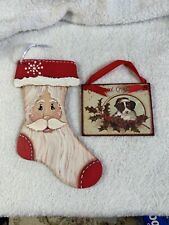 Lot Of 2 Christmas Ornaments Handmade Puppy Santa RUSTIC Crafts picture
