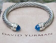 David Yurman Women's Silver 7mm Cable Classic Bracelet Blue Topaz Diamond Medium picture