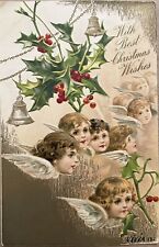 Antique Christmas Cherub Angel Faces Bells Holly Vintage Embossed Postcard c1900 picture
