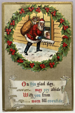 1919 Santa at Child's Window, Holly Wreath, Embossed Christmas Vintage Postcard picture