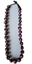 Hawaiian Pink & Black Painted Kukui Nut Lei Hand Painted Flowers Necklace  picture