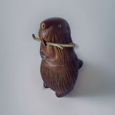 Vintage Hand Carved Wood Beaver With Brass Stick In Mouth picture