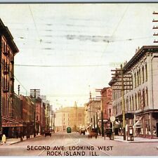 c1910s Rock Island IL Downtown Second Ave Looking West Telegraph Line Crowd A210 picture