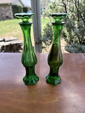 Set Of 2 Vintage Avon Emerald Green Glass Bud Vase Perfume Bottles  picture