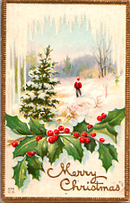 Vintage 1910 Merry Christmas Man in Red Standing in Snow Covered Field Postcard picture