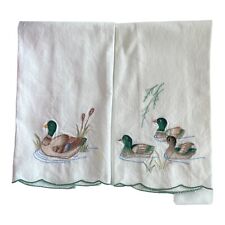 Vintage Embroidered Duck Tea Towel Pair - Retro White Linen Mallard Pond picture