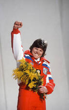 Debbie Armstrong exults awards stand medal ceremony for Womens- 1984 Old Photo picture