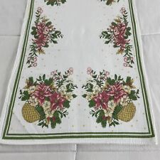 Vtg Cotton Christmas Tablecloth Table Runner Poinsettia Basket Holly 40x14 picture