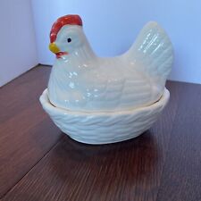 Vintage Hen on Nest Ceramic, White Hen Red Comb, Country Kitchen Decor Farmhouse picture