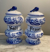 Lovely Vintage Blue Onion Salt & Pepper Shakers, Porcelain, Blue & White, Mint picture