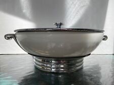 Vtg Manning Bowman White Casserole Bowl with Chrome Frame and Lid • circa 1935 picture