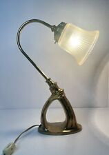 Vintage Brass Art Deco Goose Neck Table Desk Lamp Ribbed Optic Glass Shade picture