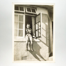 Boy Sitting in Open Window Photo 1930s Eyeglasses Child House Snapshot A4151 picture