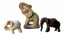 Lot Of 3 Vintage Elephant Figurines- Marble-Wood. Trunk Up And Down picture