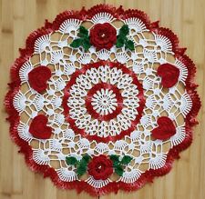 Hand Crocheted Doily Roses Hearts Red White Centerpiece 15