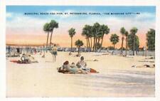 ST PETERSBURG, FL Florida  MUNICIPAL BEACH & PIER  Sunbathers  c1940's Postcard picture