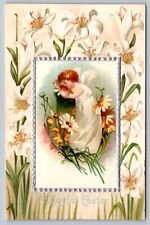 1909 postcard ELLEN CLAPSADDLE EASTER angel/embossed lilies/daisies picture