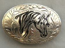 Vintage ADM Horse Head Inlay Hand Made Engraved Western Belt Buckle picture
