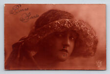 c1923 RPPC French Bonne Annee Portrait of Woman Lace Brimmed Hat Postcard picture