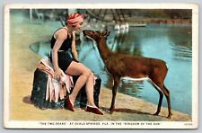 Ocala Springs Florida Pun~Two Dears: Bathing Beauty Smokes With Deer~1925  picture
