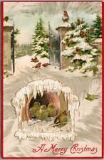 Vintage MERRY CHRISTMAS Embossed Postcard Winter Scene / Gate - 1909 Cancel picture