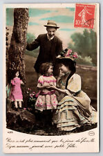 Vintage Antique French Tinted Postcard Fasionable Family With Girl And Her Doll picture