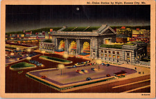 Vintage 1940's Night View of Union Station Car Lights Kansas City KS Postcard  picture