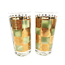 Green & Gold Graphic Glasses Vintage Check Set of Two  Art Deco Tumblers picture